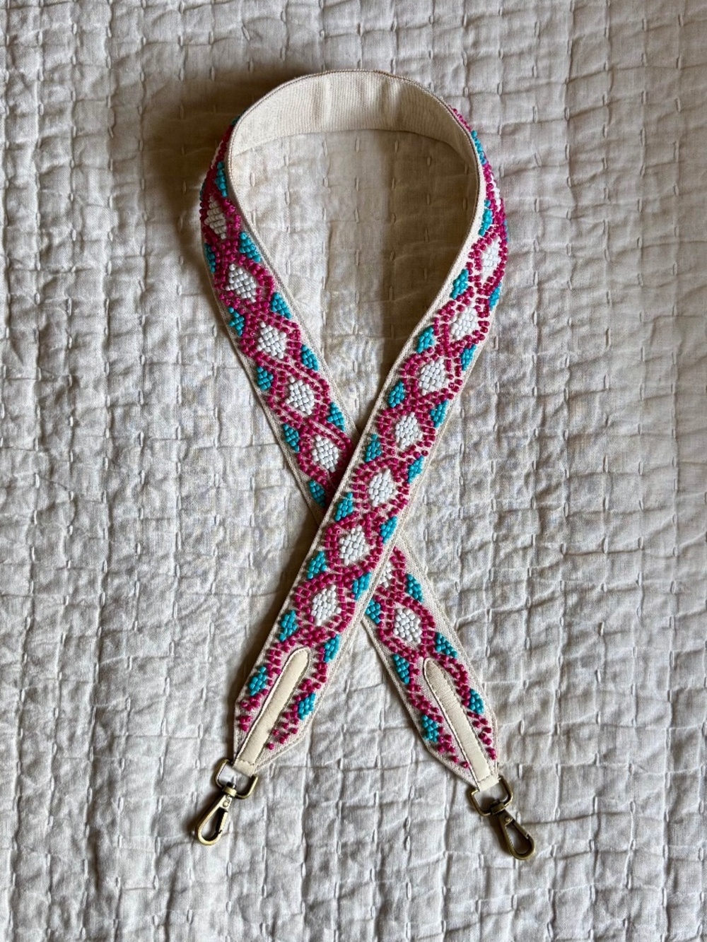 Anthropologie Geo Beaded Canvas Bag Strap | NWOT | Pink Turquoise White | 47"